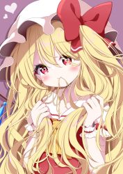 Rule 34 | 1girl, alternate hair length, alternate hairstyle, blonde hair, blush, bow, crystal, flandre scarlet, frilled shirt collar, frills, g4ku, gradient background, hair between eyes, hat, hat bow, hat ribbon, head tilt, heart, heart-shaped pupils, highres, holding, holding hair, long hair, looking at viewer, mob cap, mouth hold, one side up, puffy short sleeves, puffy sleeves, red bow, red eyes, red ribbon, red vest, ribbon, shirt, short sleeves, solo, symbol-shaped pupils, touhou, upper body, very long hair, vest, white hat, white shirt, wings, wrist cuffs