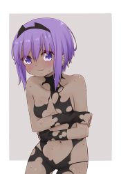 Rule 34 | 1girl, bare shoulders, black bodysuit, blush, bodysuit, breasts, closed mouth, collarbone, cowboy shot, dark-skinned female, dark skin, dissolving clothes, fate/prototype, fate/prototype: fragments of blue and silver, fate (series), grey background, groin, hair between eyes, hassan of serenity (fate), i.u.y, looking at viewer, medium breasts, navel, nervous smile, purple eyes, purple hair, sidelocks, smile, solo, sweat, torn bodysuit, torn clothes, two-tone background, wavy mouth, white background