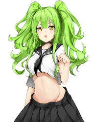 Rule 34 | 1girl, :o, adapted costume, black neckerchief, black skirt, blush, breasts, chixiao, cowboy shot, crop top, crop top overhang, girls&#039; frontline, green hair, hand up, highres, hip focus, long hair, looking at viewer, m950a (girls&#039; frontline), medium breasts, midriff, navel, neckerchief, open mouth, pleated skirt, school uniform, serafuku, short sleeves, simple background, skirt, solo, teeth, twintails, wavy hair, white background, yellow eyes