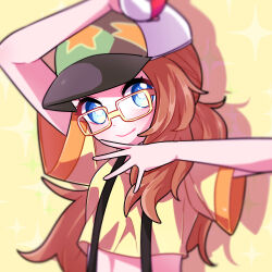 1girl arm_up blue_eyes bright_pupils brown_hair closed_mouth commentary_request creatures_(company) cropped_shirt dayong_(dajyonii) eyelashes game_freak glasses hand_up hat highres holding holding_poke_ball long_hair looking_at_viewer nintendo poke_ball poke_ball_(basic) pokemon pokemon_(anime) pokemon_xy_(anime) serena_(pokemon) shirt short_sleeves smile solo suspenders upper_body white_pupils yellow-framed_eyewear yellow_background yellow_shirt