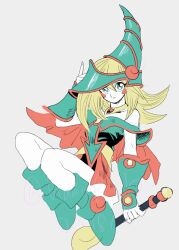 Rule 34 | 1girl, blonde hair, blue eyes, blue gloves, blue hat, blue shirt, blush stickers, boots, closed mouth, dark magician girl, duel monster, fingerless gloves, full body, gloves, grey background, hair between eyes, hat, highres, holding, holding wand, long hair, nunomoyo, pastel colors, pink skirt, shirt, skirt, solo, wand, witch hat, yu-gi-oh!