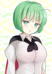 Rule 34 | 1girl, adda, alternate breast size, antennae, black cape, blush, breasts, cape, collared shirt, commentary, green eyes, green hair, highres, large breasts, looking at viewer, one-hour drawing challenge, open mouth, red cape, shirt, short hair, solo, touhou, triangle mouth, two-sided cape, two-sided fabric, upper body, white shirt, wriggle nightbug
