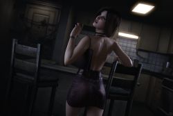 Rule 34 | 1girl, 3d, artist request, ass, bag, bare legs, bare shoulders, breasts, brown hair, cleavage, dress, eileen galvin, highres, kitchen, lips, looking at viewer, looking back, medium breasts, room, shiny skin, short hair, silent hill, silent hill (series), silent hill 4: the room, solo, thighs, wide hips