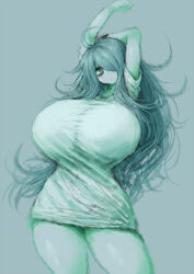Rule 34 | 1girl, 2b-ge, ahoge, arms up, bags under eyes, blush, breasts, dress, female focus, green theme, grey background, hair over one eye, highres, huge breasts, legs, limited palette, long hair, looking at viewer, mei (2b-ge), messy hair, original, shiny skin, solo, spot color, standing, taut clothes, thick thighs, thighs, white dress