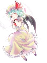 Rule 34 | 1girl, aqua hair, ascot, bat wings, bed sheet, blush, buttons, dress, frilled dress, frilled pillow, frilled ribbon, frills, hat, hat ribbon, lying, messy hair, mob cap, on side, one eye closed, pillow, pink dress, puffy short sleeves, puffy sleeves, red eyes, remilia scarlet, ribbon, rosette (roze-ko), shoes, short sleeves, simple background, solo, touhou, wings, wrist cuffs
