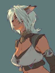 Rule 34 | 1girl, 2021, absurdres, adventurer (ff11), animal ears, artist name, blue background, breasts, cat ears, cat girl, cleavage, closed mouth, dated, facial mark, final fantasy, final fantasy xi, from side, highres, medium breasts, medium hair, midriff, mithra (ff11), simple background, solo, upper body, whisker markings, white eyes, white hair, yuccoshi