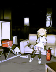 Rule 34 | 1girl, 2others, :o, banner, black gloves, black socks, black undershirt, blob, blonde hair, character request, concrete, couch, creature, dark background, dress, fence, fire extinguisher, frilled dress, frills, full body, gloves, hair ribbon, highres, jewelry, kneehighs, kokaki mumose, looking at viewer, medium hair, multiple others, necklace, on couch, one eye closed, original, power drill, power strip, puffy short sleeves, puffy sleeves, ribbon, short dress, short sleeves, socks, solo focus, spotlight, squinting, striped clothes, striped socks, turtleneck, vertical-striped clothes, vertical-striped socks, white dress, white ribbon