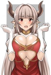 Rule 34 | 10s, 1girl, alicia (granblue fantasy), blunt bangs, blush, breasts, breasts squeezed together, center opening, cross, cross earrings, draph, earrings, elbow gloves, eyebrows, gloves, granblue fantasy, horns, huge breasts, jewelry, looking at viewer, noragami sota, open mouth, pointy ears, puffy short sleeves, puffy sleeves, red eyes, short sleeves, silver hair, simple background, solo, teeth, upper body, white gloves