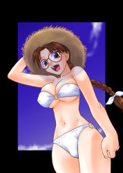 Rule 34 | 1girl, absurdres, bikini, braid, braided ponytail, brown eyes, brown hair, cloud, covered erect nipples, glasses, hat, highres, hoshina tomoko, long hair, looking at viewer, navel, open mouth, outside border, shimamoto harumi, smile, solo, straw hat, swimsuit, teeth, to heart, to heart (series), white bikini