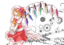 Rule 34 | 1girl, ascot, blonde hair, bow, crystal, female focus, flandre scarlet, hat, hat bow, kinsenka, pointy ears, puffy sleeves, red eyes, short hair, short sleeves, skull, solo, touhou, wings, wrist cuffs