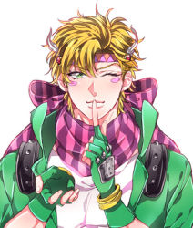 Rule 34 | 1boy, bad id, bad pixiv id, blonde hair, bow, caesar anthonio zeppeli, finger to mouth, green eyes, jojo no kimyou na bouken, lowres, male focus, one eye closed, scarf, scarf bow, solo, striped clothes, striped scarf, yue (lililala)