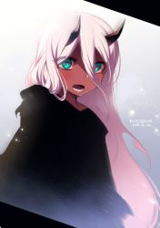 Rule 34 | 10s, 1girl, black robe, blush, colored skin, commentary request, darling in the franxx, dated, hair between eyes, horns, konshin, long hair, looking at viewer, open mouth, pink hair, red pupils, red skin, robe, sharp teeth, signature, solo, spoilers, teeth, upper body, very long hair, zero two (darling in the franxx)