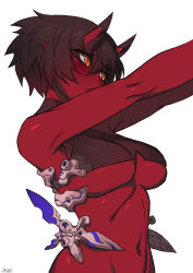 Rule 34 | 1girl, bare shoulders, black hair, blush, breasts, closed mouth, colored skin, from side, horns, kidouko (zakusi), large breasts, navel, oni, oni horns, orange eyes, original, red oni, red skin, short hair, signature, simple background, solo, underboob, upper body, white background, zakusi