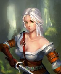 Rule 34 | 1girl, blouse, ciri, corset, gloves, green eyes, hair bun, highres, holding, holding sword, holding weapon, leather, leather gloves, looking at viewer, pale skin, scar, shabeyin, shirt, silver hair, single hair bun, sword, the witcher (series), the witcher 3, weapon, white shirt