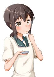 Rule 34 | 10s, 1girl, ame., apron, blouse, blush, bowl, brown eyes, brown hair, finger to mouth, fubuki (kancolle), holding, kantai collection, kappougi, plate, sailor collar, shirt, short sleeves, sidelocks, simple background, solo, tasting, tasting plate, upper body, white background, white shirt