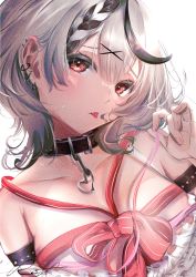 Rule 34 | 1girl, absurdres, arm strap, black collar, black hair, blush, breasts, collar, commentary request, ear piercing, hair ornament, hand up, highres, hololive, large breasts, looking at viewer, multicolored hair, piercing, red eyes, red ribbon, ribbon, sakamata chloe, shirt, short hair, signature, silver hair, solo, strap slip, streaked hair, tongue, tongue out, upper body, urotare, virtual youtuber, white background, white shirt, x hair ornament