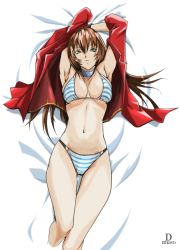 Rule 34 | 1girl, arms up, bikini, brown hair, dottona (dotna), green eyes, jacket, lying, original, solo, striped bikini, striped clothes, swimsuit