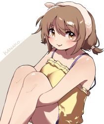 Rule 34 | 1girl, bad id, bad twitter id, blush, breasts, brown eyes, brown hair, character name, hair between eyes, hairband, hugging own legs, idolmaster, idolmaster cinderella girls, korean commentary, looking at viewer, low twintails, medium breasts, mg pong, mimura kanako, parted lips, short hair, short twintails, simple background, solo, tank top, twintails, two-tone background, yellow tank top