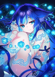 Rule 34 | 1girl, animal ear fluff, animal ears, ass, blue eyes, blue hair, blue theme, breasts, cleavage, closed mouth, earrings, feet out of frame, flower, full-body tattoo, hisana, jewelry, knees up, long hair, looking at viewer, magatama, magatama necklace, medium breasts, multiple earrings, necklace, original, own hands together, sideboob, sidelocks, smile, solo, tattoo, thighs, very long hair