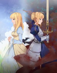 Rule 34 | 2girls, absurdres, ahoge, armor, armored dress, artoria pendragon (all), artoria pendragon (fate), asen (xueran), blonde hair, caliburn (fate), cloud, fate/stay night, fate (series), grass, green eyes, highres, light smile, long hair, multiple girls, multiple persona, official alternate costume, profile, saber (fate), sky, sword, weapon, wide sleeves