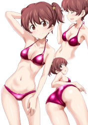 Rule 34 | 10s, 1girl, alisa (girls und panzer), arm behind head, ass, bare arms, bare legs, bare shoulders, bikini, breasts, cleavage, closed eyes, closed mouth, collarbone, commentary request, contrapposto, freckles, gin&#039;you haru, girls und panzer, gluteal fold, hair ornament, halterneck, hand up, highres, light smile, looking at viewer, medium breasts, multiple views, navel, open mouth, pink bikini, shiny clothes, short twintails, simple background, smile, standing, star (symbol), star hair ornament, swimsuit, twintails, white background
