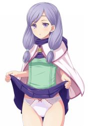 Rule 34 | 1girl, bow, bow panties, breasts, cape, cowboy shot, fire emblem, green shirt, hood, hood down, ilyana (fire emblem), katou kaiou, looking at viewer, nintendo, panties, parted lips, pink cape, pleated skirt, purple eyes, purple hair, purple panties, purple skirt, shirt, simple background, skirt, small breasts, solo, thigh gap, twintails, underwear, white background