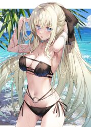 Rule 34 | 1girl, bare shoulders, beach, bikini, black bikini, black bow, blue eyes, blue sky, blush, bow, braid, breasts, cleavage, collarbone, fate/grand order, fate (series), french braid, gluteal fold, grey hair, hair bow, highres, large breasts, long hair, looking at viewer, morgan le fay (fate), navel, open mouth, ponytail, renka (renkas), shore, sidelocks, sky, solo, swimsuit, thighs, very long hair, wet