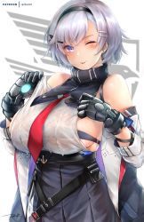 Rule 34 | 1girl, ;p, anchor, azur lane, bare shoulders, belt bra, between breasts, black hairband, black jacket, black skirt, blue eyes, blush, breasts, cowboy shot, earrings, gloves, glowing, hair ornament, hairband, hairclip, high-waist skirt, jacket, jewelry, large breasts, looking at viewer, necktie, necktie between breasts, off shoulder, one eye closed, open clothes, open jacket, parted lips, red necktie, rei kun, reno (azur lane), see-through, sideboob, signature, silver hair, skindentation, skirt, smile, solo, stud earrings, tongue, tongue out, two-tone background, underbust, wet, wet clothes