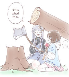 Rule 34 | ..., 2girls, axe, bandaid, bandaid on head, character request, closed eyes, copyright request, grass, grey hair, holding, holding axe, hood, hood down, kneeling, long hair, medium hair, multiple girls, on grass, open mouth, original, shorts, tama gotoh, tree, tree stump, white background, yoruny