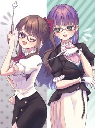 Rule 34 | 2girls, :d, ;d, absurdres, bespectacled, black jacket, black skirt, blush, bow, bow earrings, bowtie, breasts, brown hair, buttons, commentary request, double-breasted, earrings, flower earrings, frilled shirt, frills, fujishima megumi, glaring, glasses, gloves, gradient background, green background, green eyes, grey background, hair bow, half updo, hand on own hip, hand up, highres, hiyori (20hiyori727), holding, holding pointer, jacket, jewelry, large breasts, link! like! love live!, long hair, looking at another, looking at viewer, love live!, medium breasts, multicolored background, multiple girls, notice lines, official alternate costume, official alternate hairstyle, one eye closed, open mouth, otomune kozue, partial commentary, pink bow, pink bowtie, pointer, pointing, pointing at another, pointing up, polka dot, polka dot background, ponytail, puffy short sleeves, puffy sleeves, purple eyes, purple hair, red-framed eyewear, red bow, red bowtie, semi-rimless eyewear, shirt, short sleeves, sidelocks, single sidelock, skirt, smile, striped background, under-rim eyewear, virtual youtuber, white background, white gloves, white jacket, white shirt, white skirt