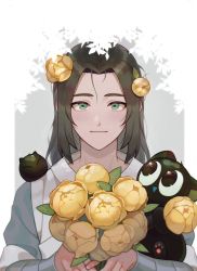 Rule 34 | 2boys, black cat, black hair, blush, cat, flower, green eyes, hair flower, hair ornament, hands up, highres, holding, holding flower, leaf, long hair, looking at viewer, luo xiaohei, multiple boys, plant, sarara93983380, smile, luo xiaohei zhanji, upper body, wuxian (the legend of luoxiaohei), yellow flower