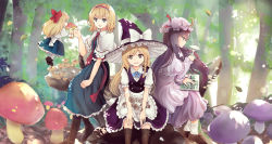 Rule 34 | 3girls, alice margatroid, apron, black eyes, blonde hair, blue eyes, book, braid, capelet, commentary, crescent, culter, forest, hairband, happy, hat, holding, kirisame marisa, leaf, leaning forward, loafers, long hair, mob cap, multiple girls, mushroom, nature, open mouth, outdoors, patchouli knowledge, puffy short sleeves, puffy sleeves, purple hair, shanghai doll, shoes, short hair, short sleeves, side braid, sitting, smile, sweatdrop, touhou, tree, tree stump, waist apron, witch hat