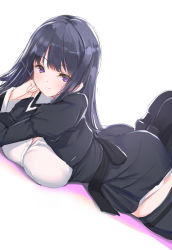 Rule 34 | 1girl, ass, assault lily, black footwear, black hair, black skirt, black thighhighs, breasts, buttons, cleavage, closed mouth, commentary request, cropped jacket, feet up, hand on own cheek, hand on own face, head rest, high-waist skirt, highres, juliet sleeves, large breasts, light blush, long hair, long sleeves, looking at viewer, lying, on stomach, partially unbuttoned, puffy sleeves, purple eyes, school uniform, shirai yuyu, shirt, shoe soles, shoes, simple background, sketch, skirt, smile, solo, thighhighs, white background, white shirt, yaegashi nan, yurigaoka girls academy school uniform, zettai ryouiki