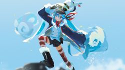 Rule 34 | 1girl, 1other, arm up, blue eyes, blue hair, boots, buttons, closed mouth, commentary, dot mouth, double-breasted, eyewear on head, fur-trimmed boots, fur-trimmed jacket, fur-trimmed sleeves, fur trim, gloves, hair ribbon, hand on own hip, hat, hatsune miku, highres, holding, holding removed eyewear, jacket, liquid hair, long hair, looking at viewer, makagi2, military, military uniform, naval uniform, open clothes, open jacket, parted lips, rabbit, rabbit yukine, red ribbon, ribbon, shorts, solo, striped clothes, striped thighhighs, sunglasses, thighhighs, uniform, unworn eyewear, v-shaped eyebrows, very long hair, vocaloid, yuki miku, yuki miku (2022)