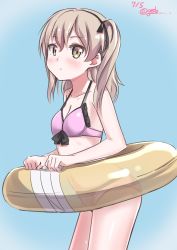Rule 34 | 10s, 1girl, bikini, black ribbon, blue background, blush, bow, bow bikini, breasts, brown eyes, casual, cleavage, clenched hands, closed mouth, commentary, cowboy shot, dated, from side, girls und panzer, hair ribbon, highres, holding, holding swim ring, innertube, leaning forward, light brown hair, light frown, long hair, looking at viewer, natsuki (gedo), navel, one-hour drawing challenge, pink bikini, ribbon, see-through, shimada arisu, side ponytail, small breasts, solo, standing, swim ring, swimsuit, twitter username