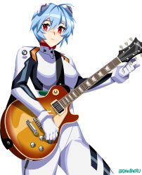 Rule 34 | 1girl, absurdres, ayanami rei, blue hair, breasts, daniaeru, electric guitar, gibson les paul, gloves, guitar, highres, holding, holding instrument, instrument, looking to the side, medium breasts, neon genesis evangelion, pilot suit, plugsuit, red eyes, short hair, smile, solo, twitter username, white background, white gloves