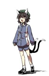 Rule 34 | 1girl, alternate costume, animal ear fluff, animal ears, ankle socks, black footwear, black hair, blue jacket, blue shorts, brown hair, cat ears, cat tail, chen, clenched hands, collared jacket, commentary request, crossed legs, earrings, fang, frilled hat, frills, full body, green hat, hair between eyes, hat, highres, jacket, jersey, jewelry, kusiyan, looking away, looking to the side, mob cap, multiple tails, open mouth, red eyes, shoes, short hair, shorts, sidelocks, simple background, single earring, sleeves past wrists, sneakers, socks, solo, sportswear, standing, tail, touhou, track jacket, track suit, two tails, watson cross, white background, white socks, wing collar, zipper, zipper pull tab