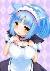Rule 34 | 10s, 1girl, absurdres, alternate hair color, animal ears, argyle, argyle background, argyle clothes, artist name, bad id, bad pixiv id, bell, blue hair, blush, bow, bowtie, breasts, cat ears, character name, cinnamon (nekopara), cleavage, hair bow, haku89, hands on own chest, heart, highres, jingle bell, large breasts, long hair, looking at viewer, maid, maid headdress, name tag, nekopara, open mouth, ponytail, puffy short sleeves, puffy sleeves, ribbon-trimmed clothes, ribbon trim, short sleeves, solo, upper body, wrist cuffs, yellow eyes