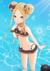 Rule 34 | 1girl, abigail williams (fate), animal, bad id, bad pixiv id, bare shoulders, bikini, black bikini, black bow, blonde hair, blue eyes, blurry, blurry background, blush, bow, closed mouth, collarbone, commentary request, coraman, day, depth of field, double bun, emerald float, fate/grand order, fate (series), female focus, forehead, hair bow, hair bun, hand up, highres, long hair, navel, octopus, official alternate costume, orange bow, outdoors, parted bangs, polka dot, polka dot bow, revision, side bun, sidelocks, smile, solo, standing, swimsuit, tokitarou (fate), wading, water