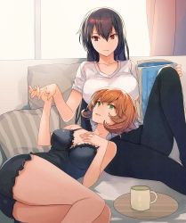 Rule 34 | 2girls, bare shoulders, black dress, black hair, black pants, breasts, brown hair, casual, cleavage, couch, cup, dress, green eyes, holding hands, hand on own chest, holding, holding magazine, indoors, kantai collection, kasumi (skchkko), knee up, large breasts, long hair, lying, magazine (object), mug, multiple girls, mutsu (kancolle), nagato (kancolle), on back, on couch, pants, parted lips, red eyes, shirt, short hair, sitting, sleeveless, sleeveless dress, smile, t-shirt, thighs, tray, white shirt, yuri