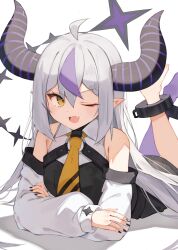 Rule 34 | 1girl, absurdres, ahoge, ascot, bare shoulders, barefoot, black horns, black nails, detached sleeves, fang, fingernails, hair between eyes, highres, hololive, horns, la+ darknesss, looking to the side, lying, multicolored hair, nail polish, on stomach, one eye closed, open mouth, pointy ears, purple hair, revision, simple background, skin fang, solo, streaked hair, striped horns, taht (that is mm), tail, the pose, virtual youtuber, white background, white hair, white sleeves, yellow ascot, yellow eyes