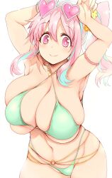 Rule 34 | 1girl, absurdres, aqua hair, arm scrunchie, armpits, bikini, breasts, cleavage, closed mouth, collarbone, criss-cross halter, green bikini, hair between eyes, halterneck, hands up, heart, heart-shaped eyewear, highres, hozuki kaede, huge breasts, jewelry, looking at viewer, multicolored hair, navel, necklace, o-ring, onii-chan wa oshimai!, pink-tinted eyewear, pink eyes, pink hair, pink scrunchie, plump, ponytail, scrunchie, simple background, smile, solo, stomach, swimsuit, thighs, tinted eyewear, tsukasawa takamatsu, two-tone hair, white-framed eyewear, white background