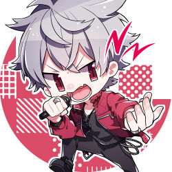 Rule 34 | 1boy, asahi nayuta, chibi, fang, from argonavis, highres, holding, holding microphone, jacket, kushidori2, leather, leather jacket, male focus, microphone, outstretched arm, red background, red eyes, red jacket, silver hair, skin fang, solo