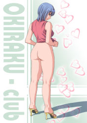 Rule 34 | 1girl, ass, blue hair, bottomless, breasts, female focus, from behind, full body, fumi, gradient background, high heels, legs, looking back, shirt, shoes, solo, standing
