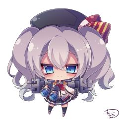 Rule 34 | 10s, 1girl, bad id, bad pixiv id, beret, binoculars, black thighhighs, blue eyes, chibi, commentary request, curly hair, epaulettes, hat, holding, kantai collection, kashima (kancolle), long hair, looking at viewer, machinery, muuran, pleated skirt, signature, silver hair, simple background, skirt, smile, solo, thighhighs, turret, twintails, white background, zettai ryouiki