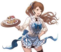 Rule 34 | 1girl, :d, apron, beatrix (granblue fantasy), black skirt, black thighhighs, blue bow, blue ribbon, bow, brown hair, cake, contrapposto, cowboy shot, eustace-flamek, floating hair, food, frilled apron, frills, granblue fantasy, green eyes, hair ribbon, hand on own hip, highres, long hair, long sleeves, looking at viewer, maid, miniskirt, open mouth, ponytail, ribbon, shirt, skirt, smile, solo, standing, thighhighs, transparent background, very long hair, waist apron, white shirt, zettai ryouiki