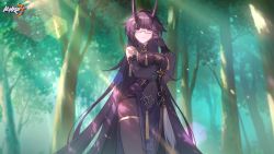 1girl, adjusting eyewear, arm under breasts, bangs, bespectacled, blunt bangs, blurry, blurry background, bodystocking, breasts, china dress, chinese clothes, cleavage, closed mouth, covered navel, depth of field, dress, elbow gloves, eyebrows visible through hair, forest, game cg, glasses, gloves, highres, honkai (series), honkai impact 3rd, horns, jewelry, large breasts, lens flare, long hair, looking at viewer, nature, official art, outdoors, pelvic curtain, pink eyes, purple hair, raiden mei, raiden mei (herrscher of thunder), semi-rimless eyewear, single earring, solo, sunlight, tassel, thighlet, under-rim eyewear, very long hair