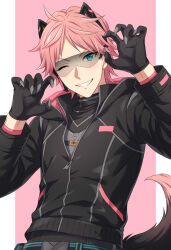 Rule 34 | 1boy, absurdres, animal ears, black gloves, blue eyes, blush, character request, commentary request, fake animal ears, gloves, helios rising heroes, highres, jacket, jewelry, long sleeves, looking at viewer, male focus, necklace, one eye closed, partial commentary, partially unzipped, pink hair, sekina, short hair, smile, solo, tail, teeth, zipper, zipper pull tab