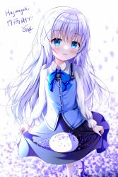 Rule 34 | 1girl, black skirt, blue bow, blue bowtie, blue eyes, blue hair, blue vest, blush, bow, bowtie, collared shirt, commentary request, commission, foot out of frame, gochuumon wa usagi desu ka?, hair ornament, head tilt, highres, kafuu chino, long hair, long skirt, long sleeves, looking at viewer, mary janes, open mouth, pixiv commission, rabbit house uniform, shirt, shoes, signature, skirt, skirt basket, skirt hold, smile, standing, tippy (gochiusa), vest, white legwear, white shirt, x hair ornament, yottacc