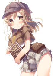 Rule 34 | 1girl, amamine, bad id, bad pixiv id, bag, blush, book, brown capelet, brown eyes, brown hat, capelet, closed mouth, commentary request, contrapposto, cowboy shot, deerstalker, detective, fingernails, frilled shorts, frills, grey shorts, hair between eyes, hat, holding, holding book, kunikida hanamaru, light brown hair, long hair, looking at viewer, love live!, love live! school idol festival, love live! school idol project, love live! sunshine!!, nail polish, necktie, pink nails, plaid headwear, satchel, shirt, short shorts, shorts, simple background, smile, solo, standing, white background, white shirt, yellow necktie
